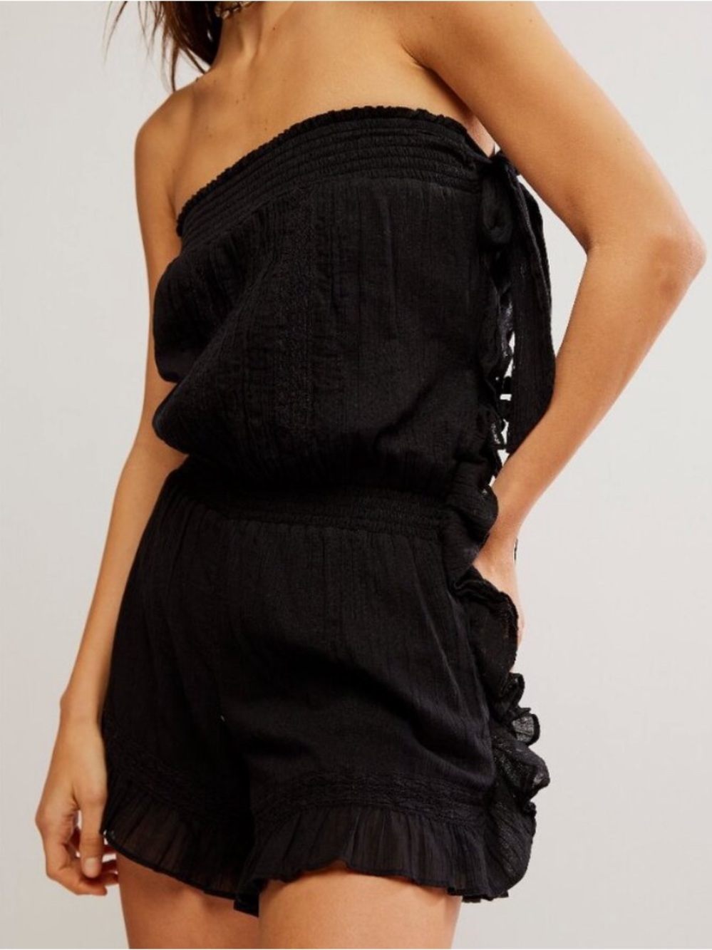 NWOT Free People Navy Blue Smocked One-Shoulder or Off Shoulder Romper